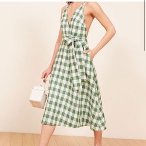 Linen Reformation Maggie green checkered dress medium midi wrap dress